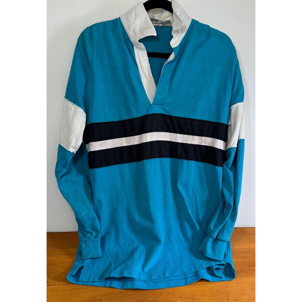 Vtg 90’s Blokecore Preppy Cotton Rugby Shirt Blue/White Colorblock Men L